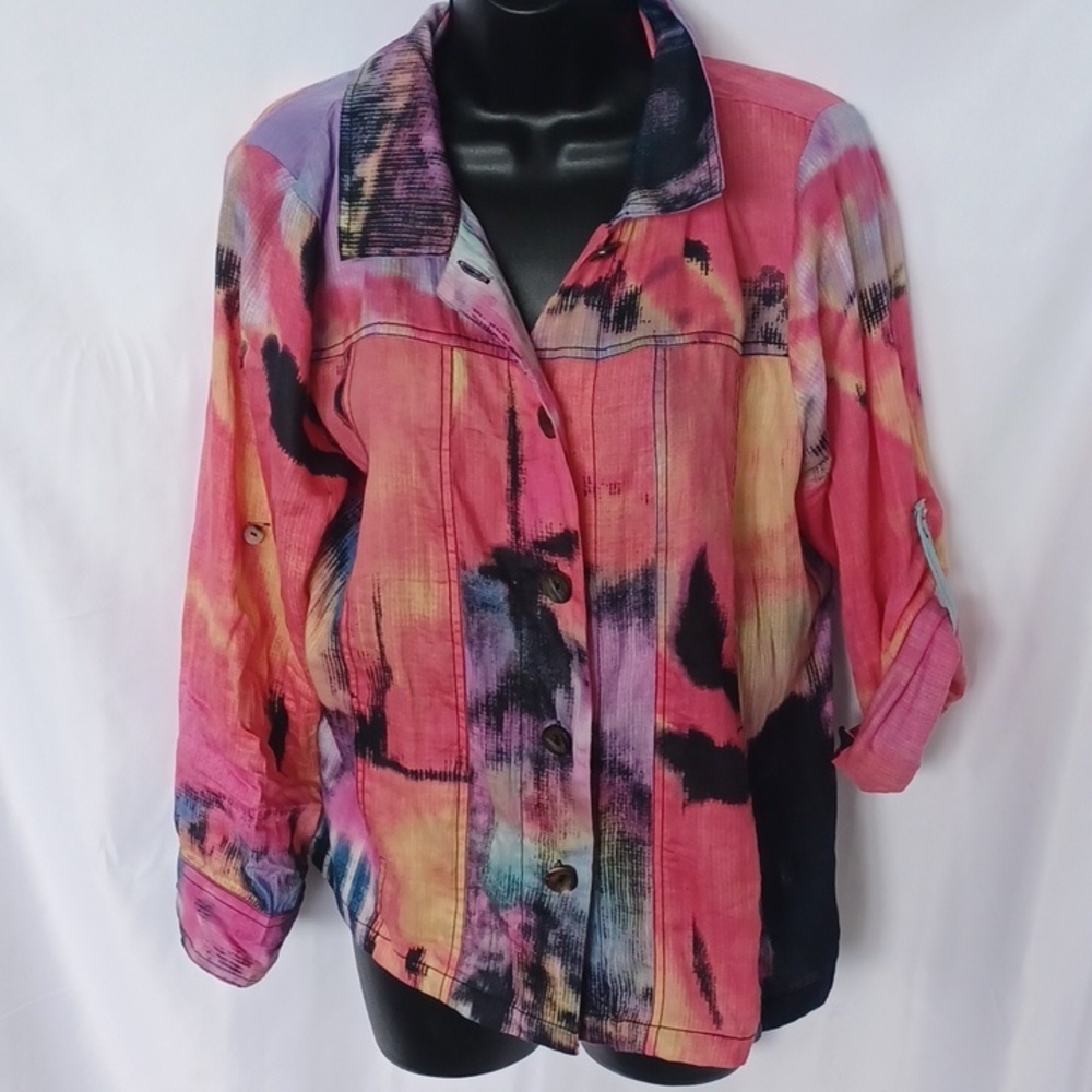 PARSLEY & Sage Watercolor Multicolor Button Down Size L, roll sleeves, cotton